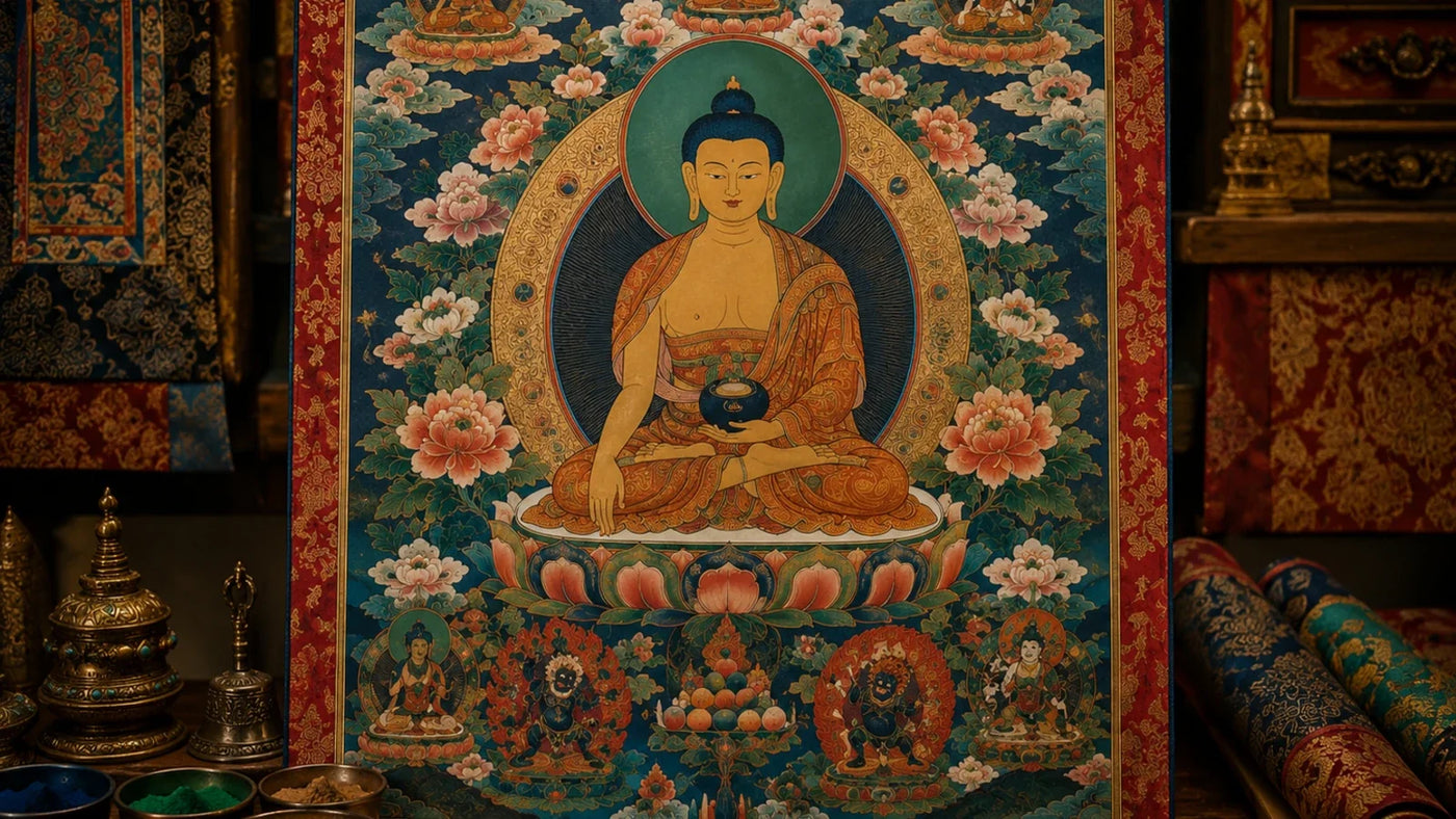 Traditional Tibetan thangka painting displayed with mineral pigments and painting tools