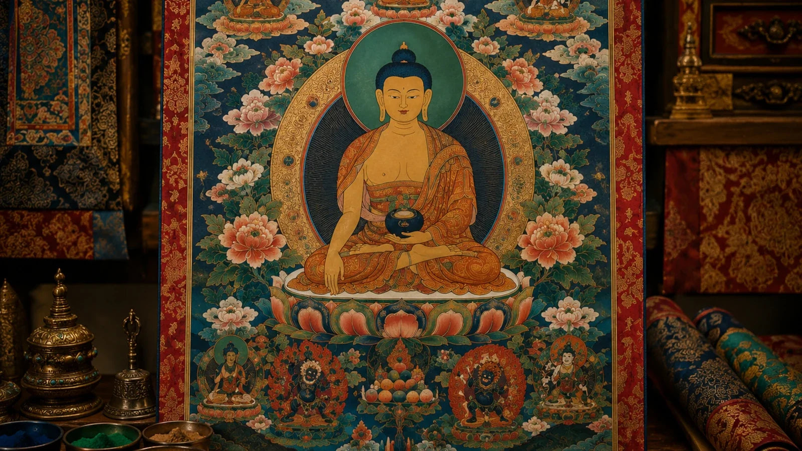 Traditional Tibetan thangka painting displayed with mineral pigments and painting tools