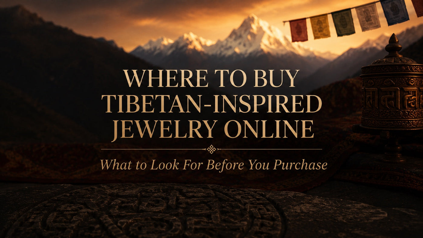 Where to buy Tibetan-inspired jewelry online buyer guide with Kailora bracelets, Dzi beads, mala beads, symbolic jewelry, and Himalayan meaning