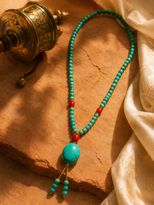 Turquoise Mala Necklace with Red Agate Accents – Tibetan Inspired Karma & Balance Jewelry | Kailora