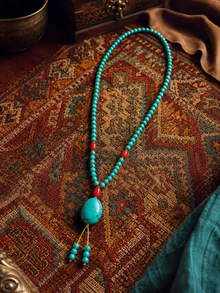 Turquoise Mala Necklace with Red Agate Accents – Tibetan Inspired Karma & Balance Jewelry | Kailora