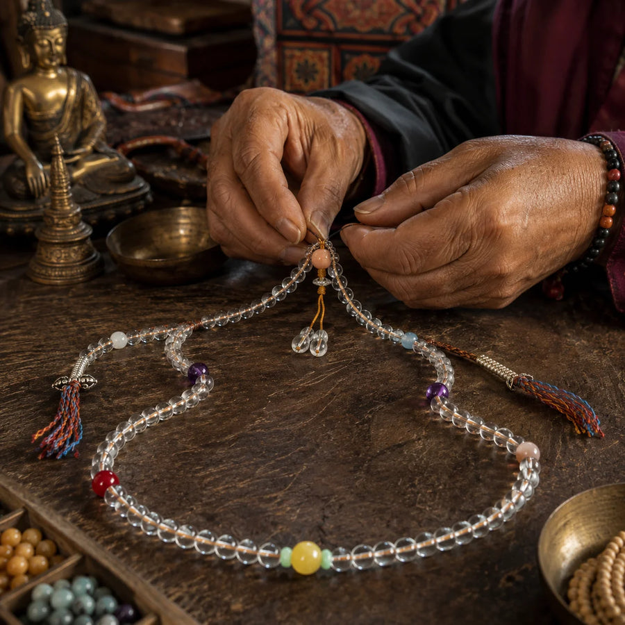 Tibetan-inspired styling image for Clear Quartz Mala Beads Wrap Necklace detail view 6 | Kailora