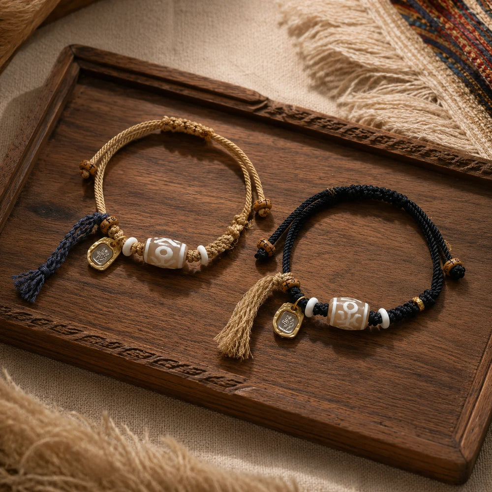 Kailora Tibetan Noble Dzi Agate Cord Bracelet with Zaki Lhamo Prosperity Charm detail view 5 | Kailora