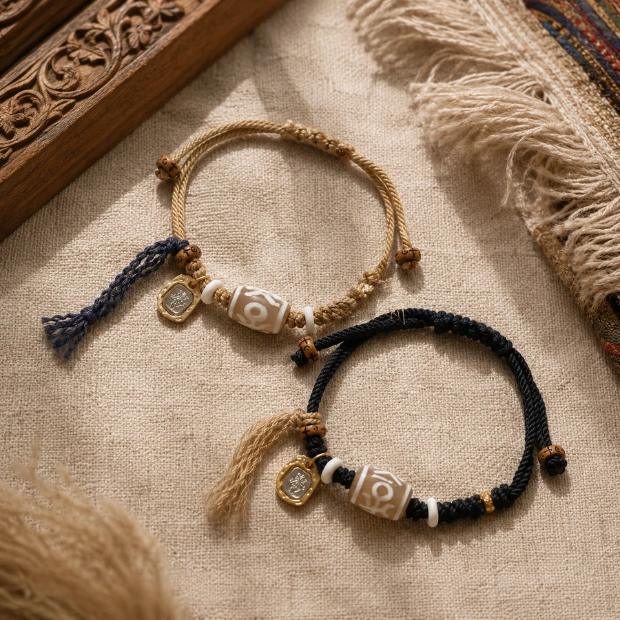 Tibetan-Inspired Dzi Agate Cord Bracelet with Zaki Lhamo Charm | Kailora detail view 4 | Kailora