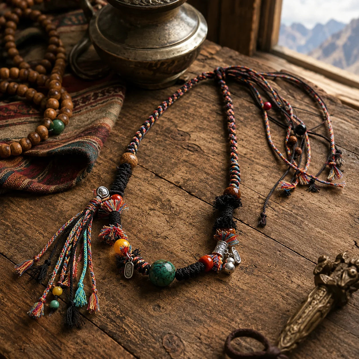 Kailora Tibetan Turquoise Luck Bead Handwoven Cord Necklace