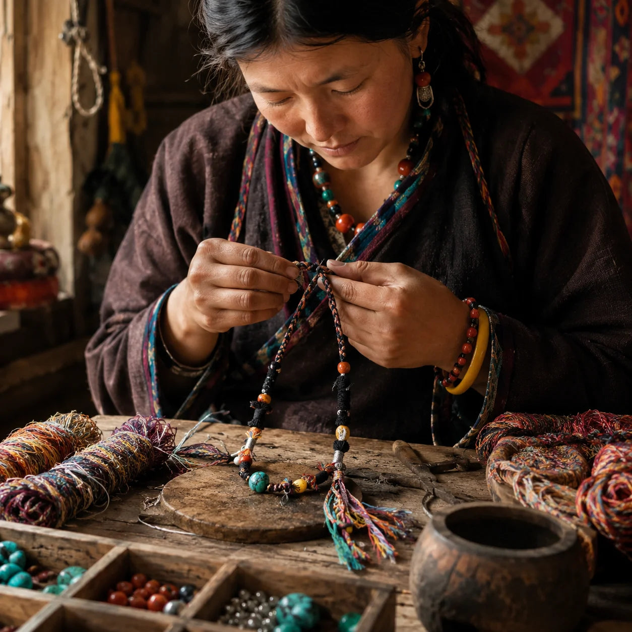 Kailora Tibetan Turquoise Luck Bead Handwoven Cord Necklace