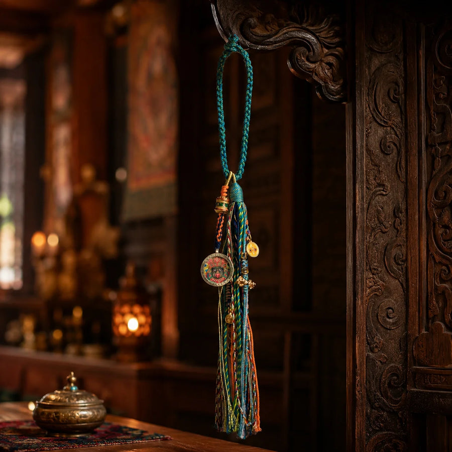 Tibetan-inspired handmade Zaki Lhamo tassel charm front view by Kailora front view | Kailora