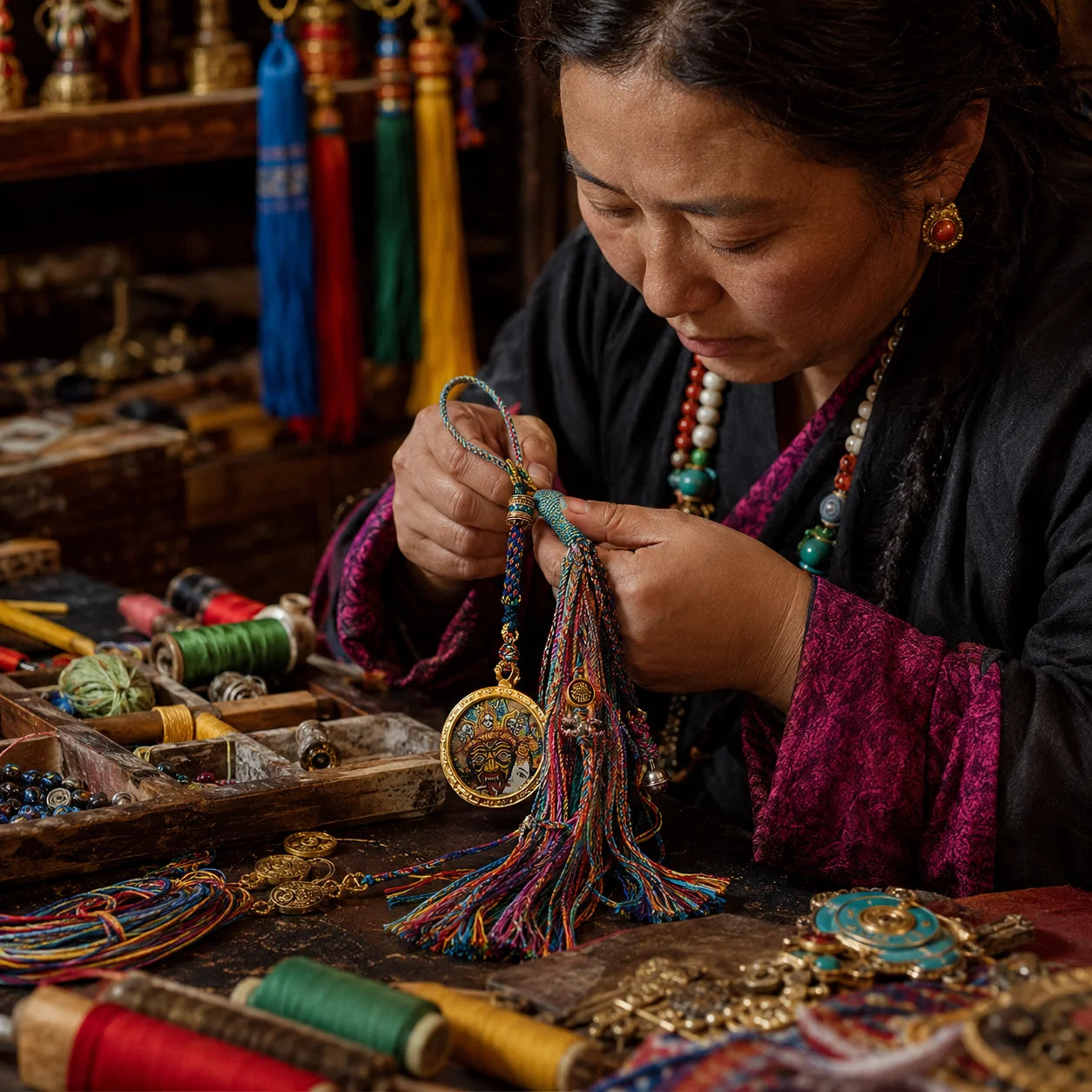 Kailora Tibetan Zaki Lhamo Yellow Jambhala Green Tara Thangka Tassel Charm