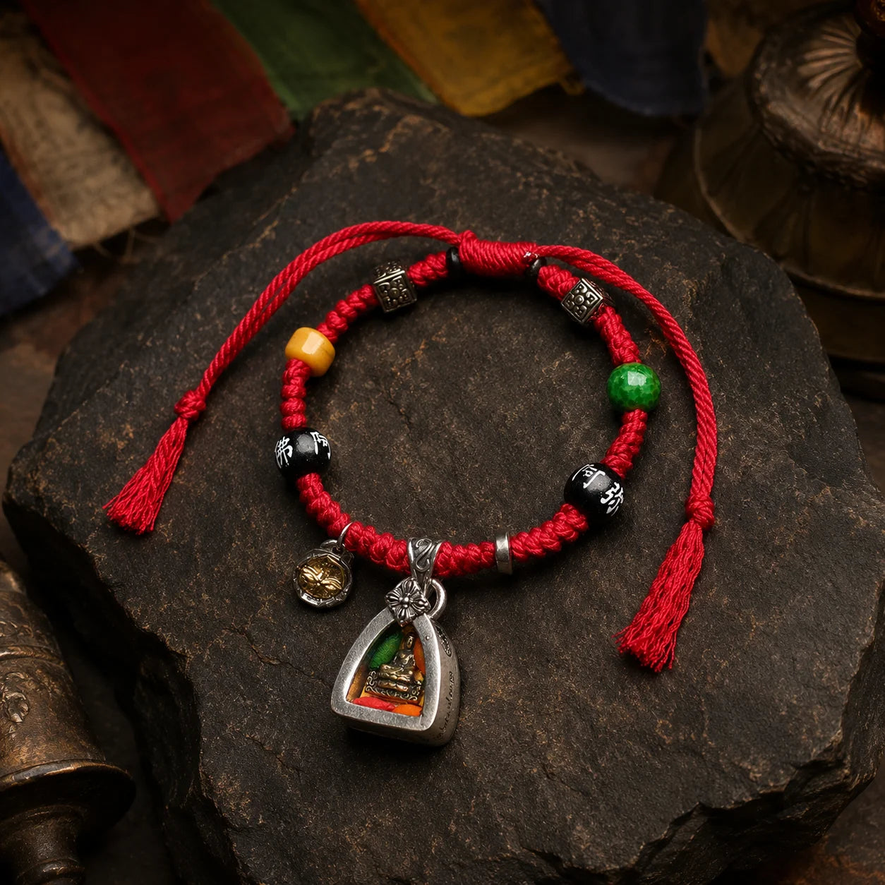 Kailora Tibetan Medicine Buddha Gau Amulet Red Cord & Handwoven Bracelet