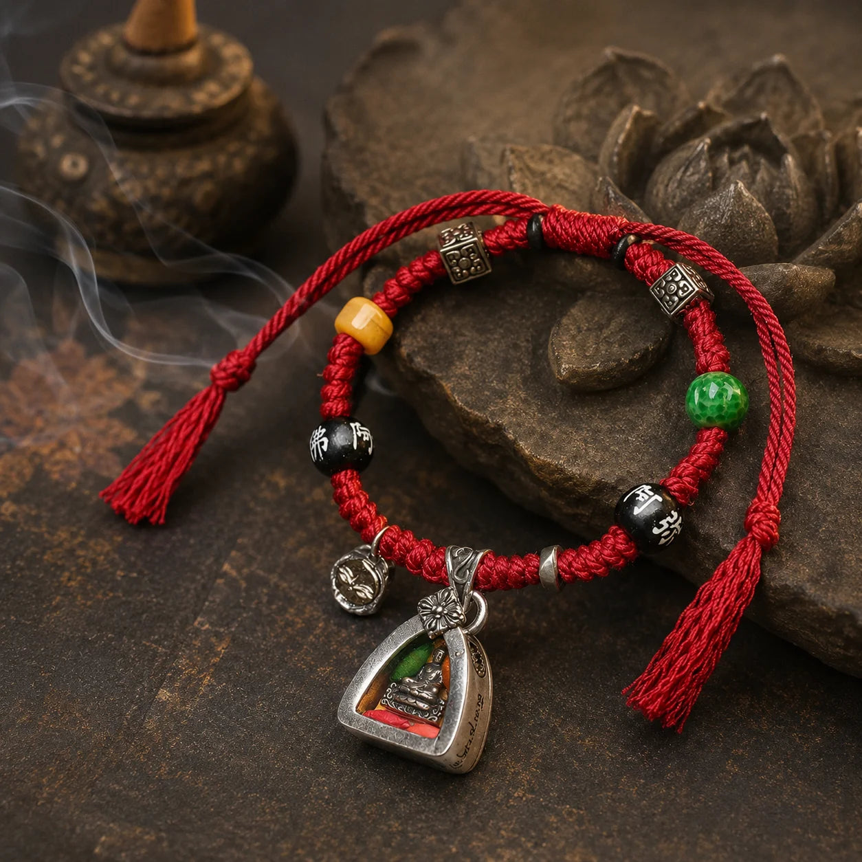 Kailora Tibetan Medicine Buddha Gau Amulet Red Cord & Handwoven Bracelet