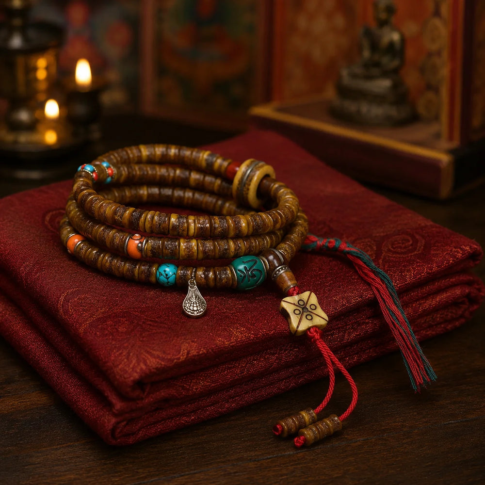 Tibetan-Inspired Yak Bone Hand Mala with Turquoise Accents detail view 4 | Kailora