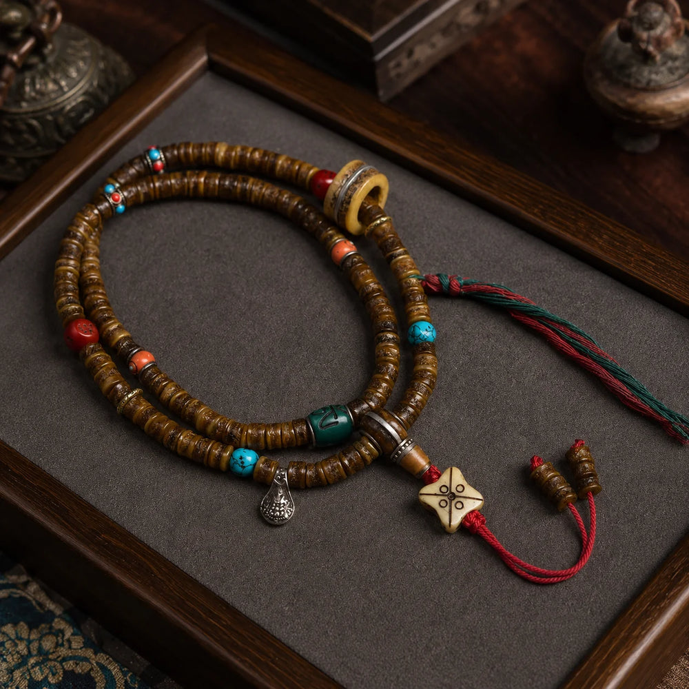 Tibetan-Inspired Yak Bone Hand Mala with Turquoise Accents detail view 3 | Kailora