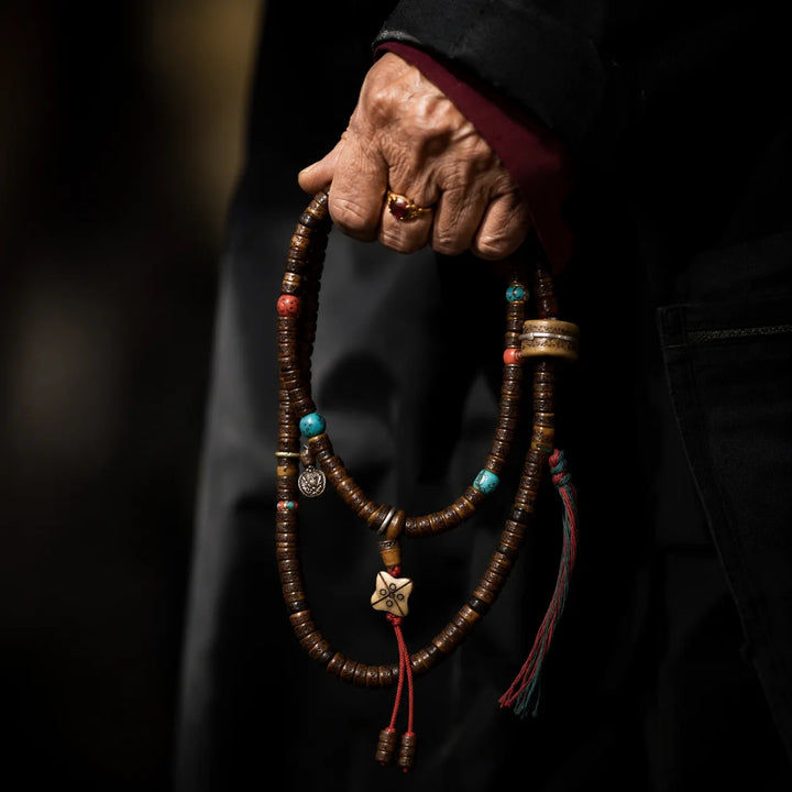 Tibetan-Inspired Yak Bone Hand Mala with Turquoise Accents