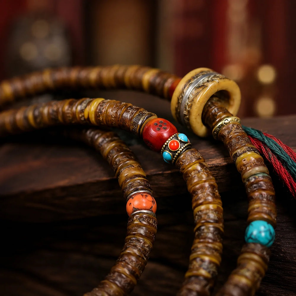 Tibetan-Inspired Yak Bone Hand Mala with Turquoise Accents detail view 6 | Kailora