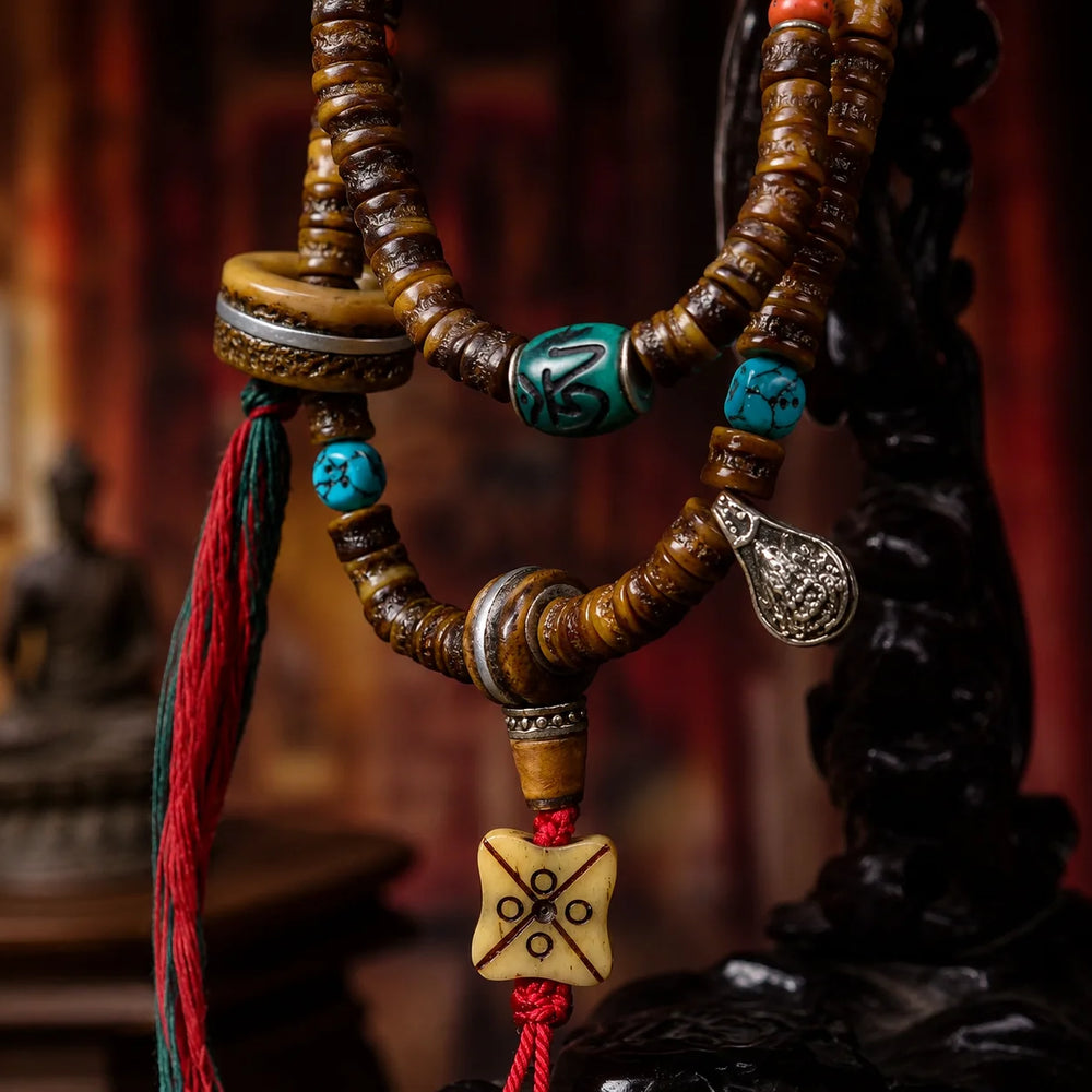 Tibetan-Inspired Yak Bone Hand Mala with Turquoise Accents detail view 5 | Kailora