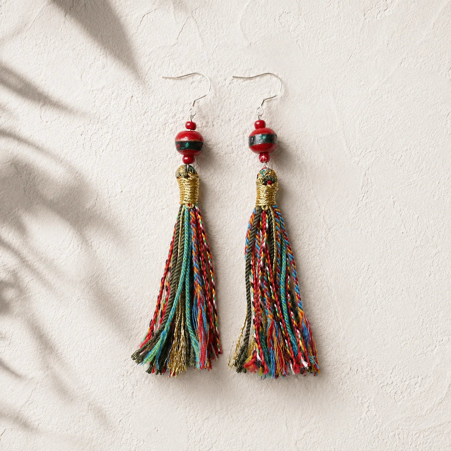 Handmade in Tibet multicolor tassel earrings by Kailora detail view 5 | Kailora
