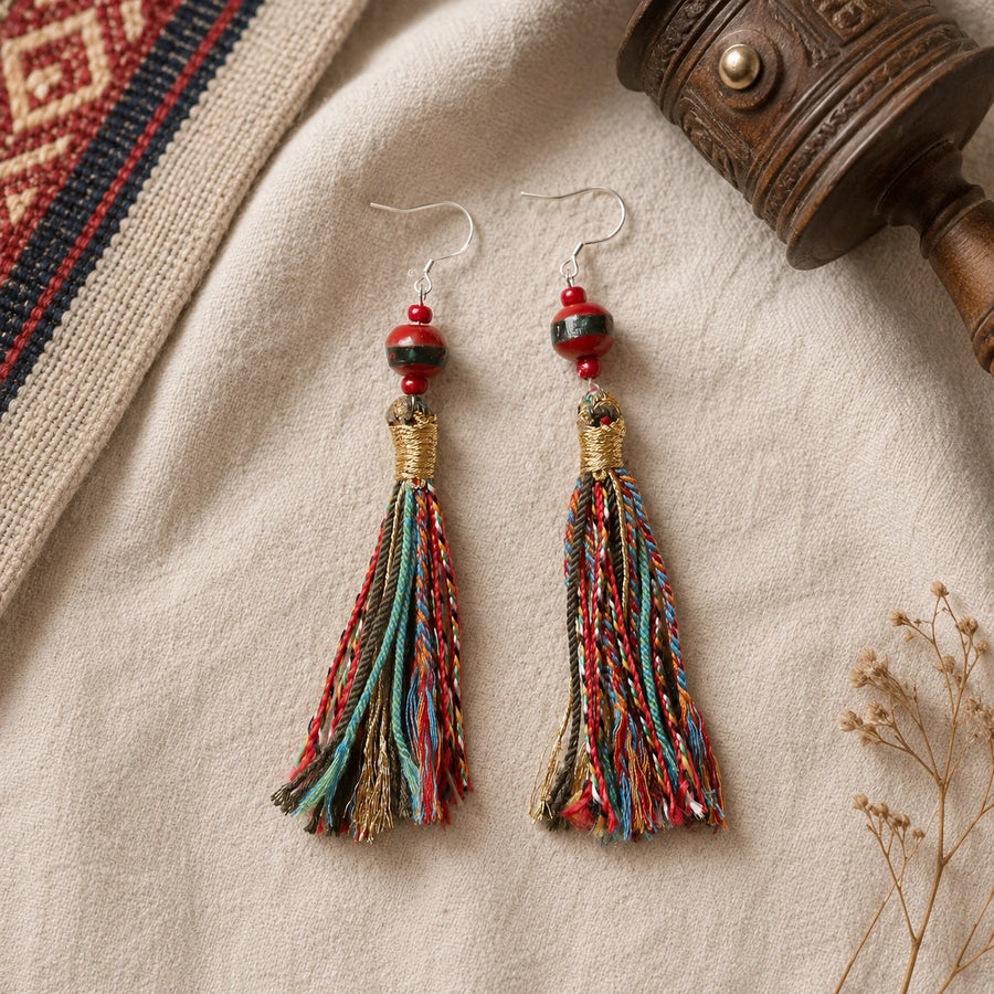 Color and tassel detail on Kailora Tibetan-inspired earrings detail view 6 | Kailora