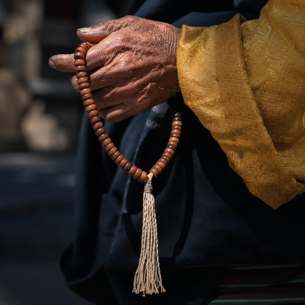 Tibetan-Inspired Yak Bone 54-Bead Hand Mala front view | Kailora