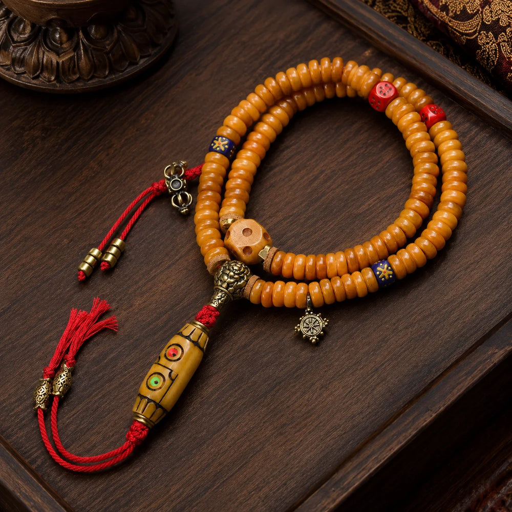 Tibetan-Inspired Yak Bone Mala Necklace with Dzi-Style Accents detail view 2 | Kailora
