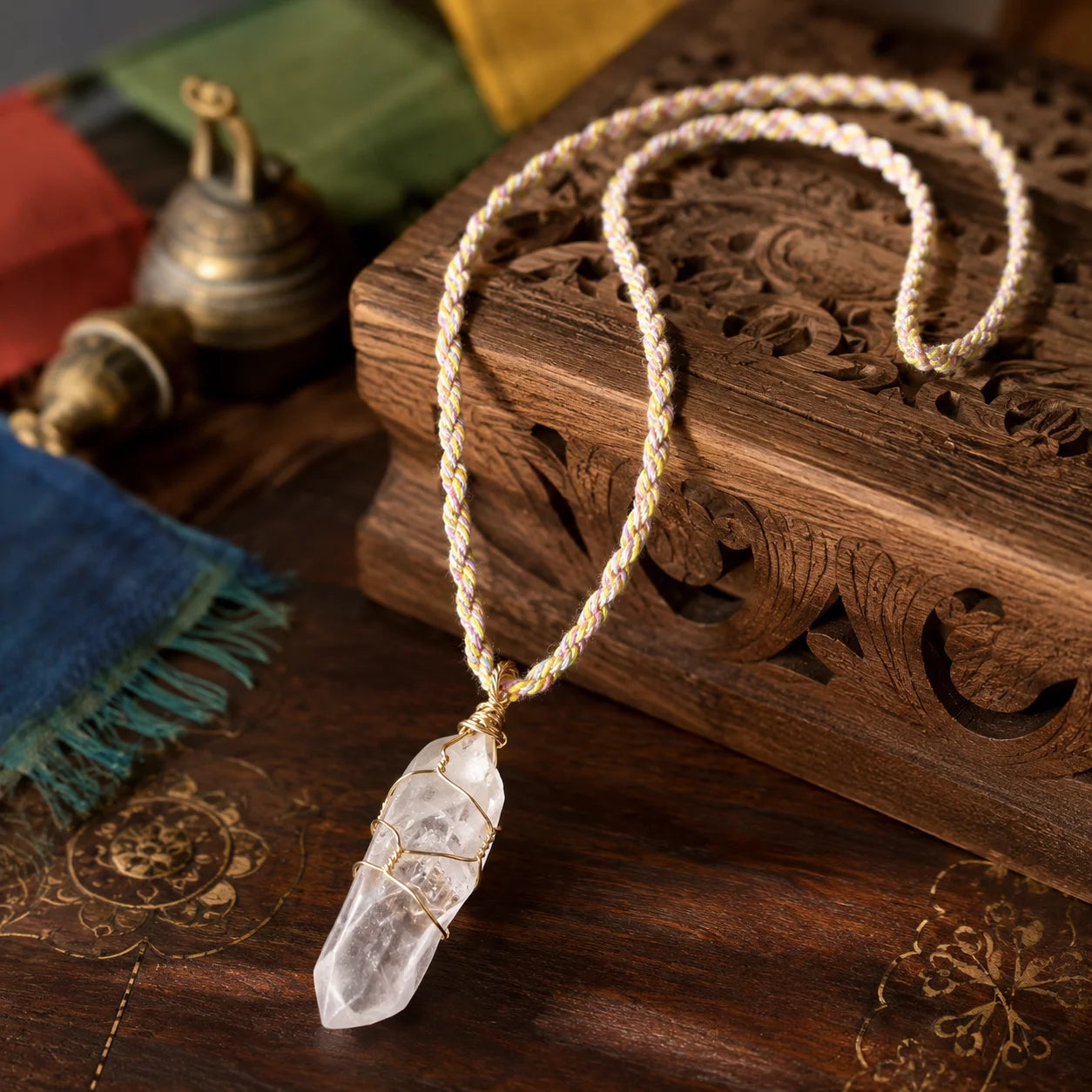 Tibetan Clear Quartz Crystal Point Braided Cord Necklace
