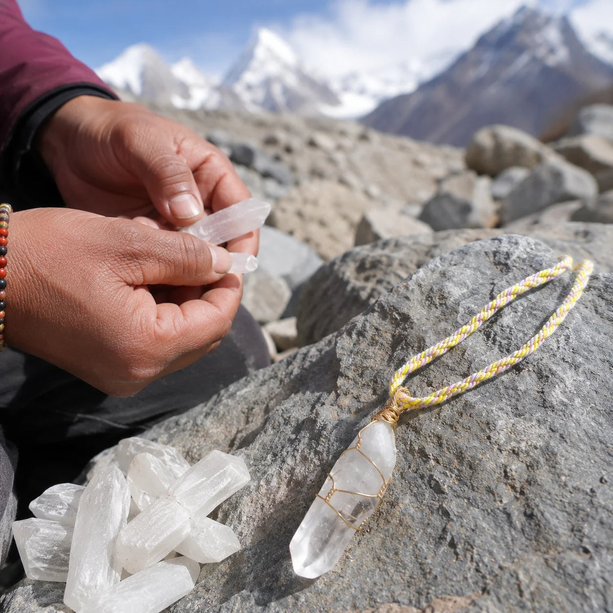 Tibetan Clear Quartz Crystal Point Braided Cord Necklace