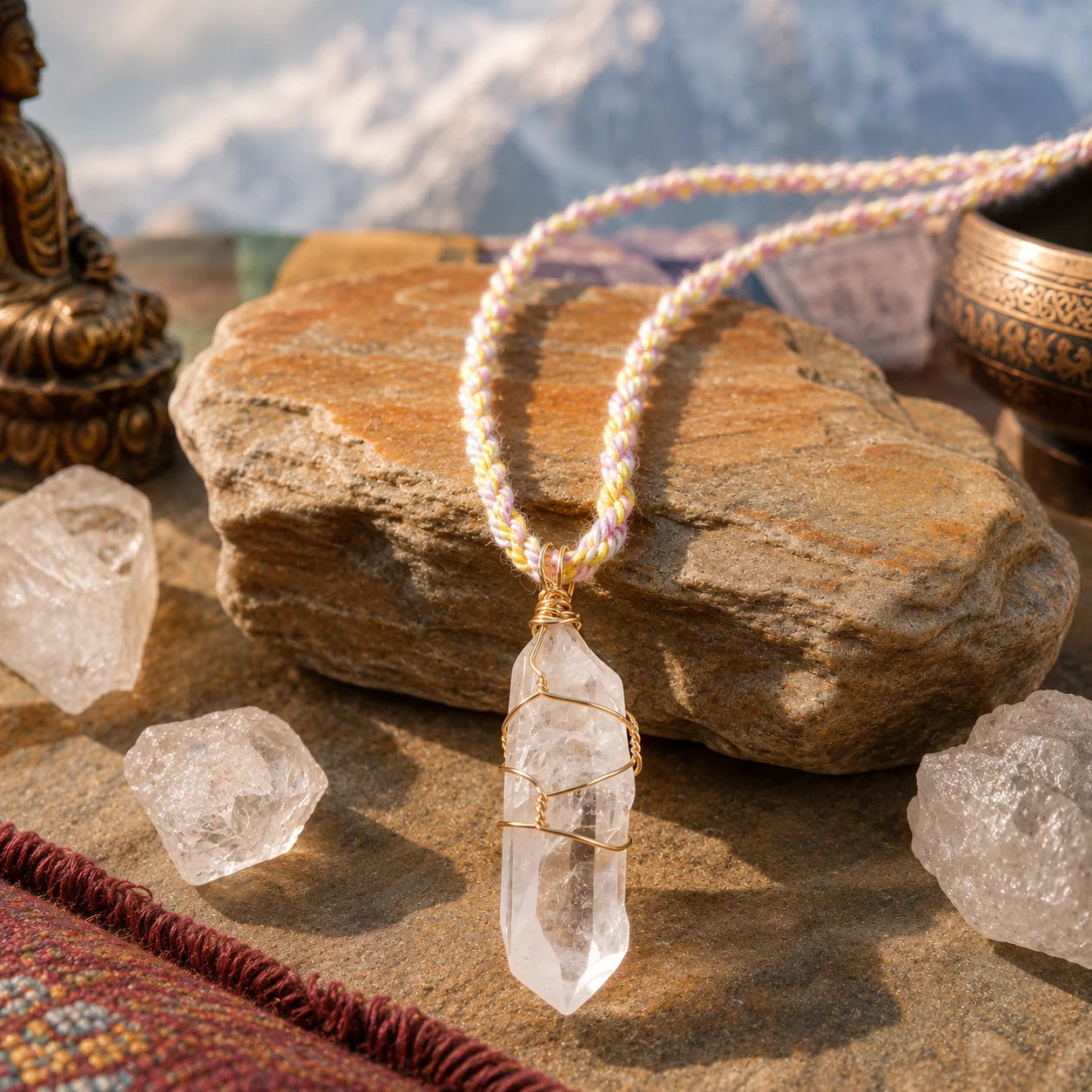 Tibetan Clear Quartz Crystal Point Braided Cord Necklace