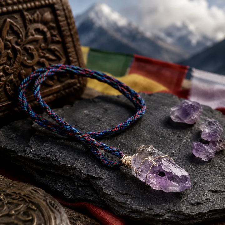 Tibetan Raw Amethyst Crystal Braided Cord Necklace