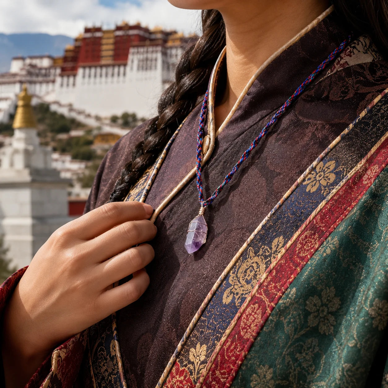 Tibetan Raw Amethyst Crystal Braided Cord Necklace