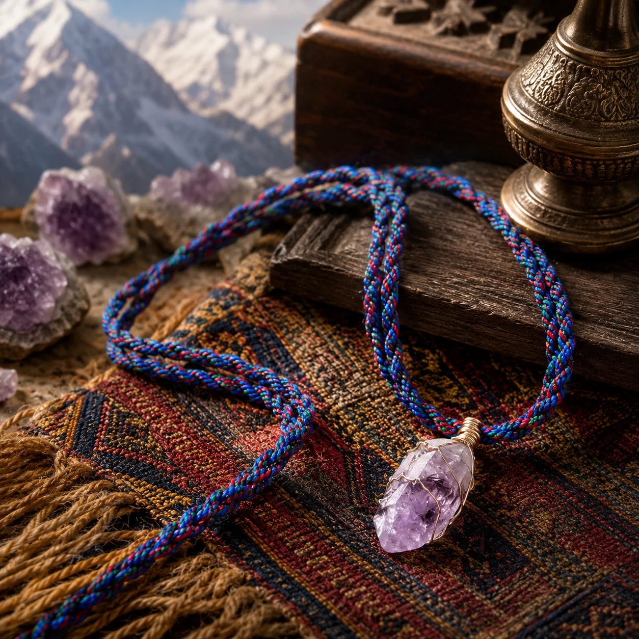 Tibetan Raw Amethyst Crystal Braided Cord Necklace