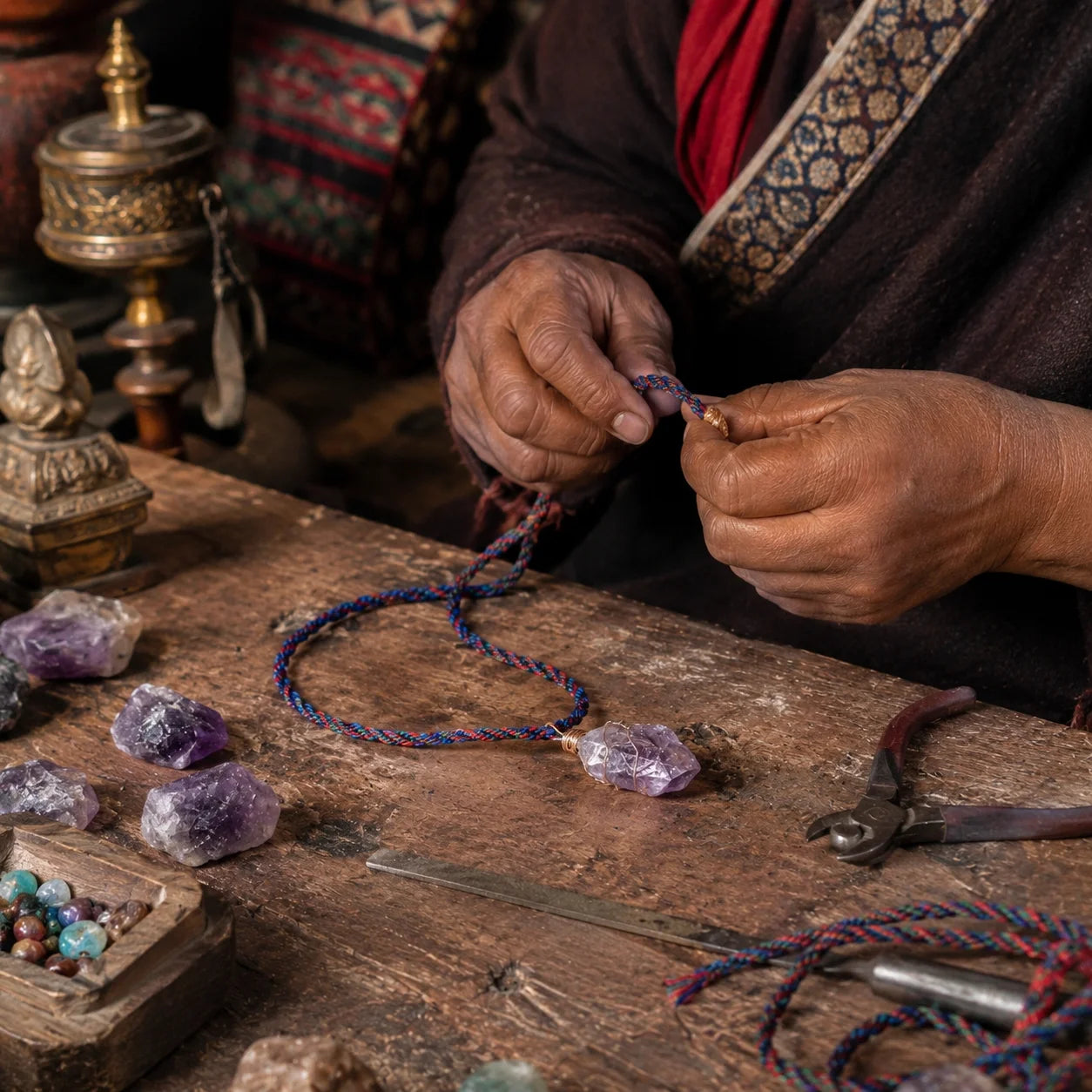 Tibetan Raw Amethyst Crystal Braided Cord Necklace