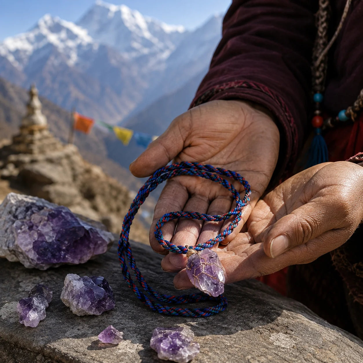 Tibetan Raw Amethyst Crystal Braided Cord Necklace