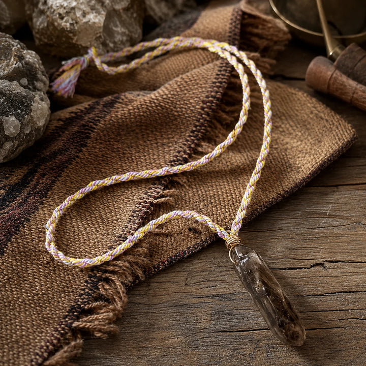 Tibetan Tea-Colored Raw Crystal Braided Cord Necklace