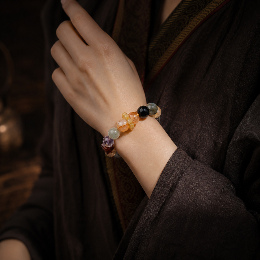 Kailora Abundance Mosaic natural crystal bracelet worn on wrist detail view 5 | Kailora
