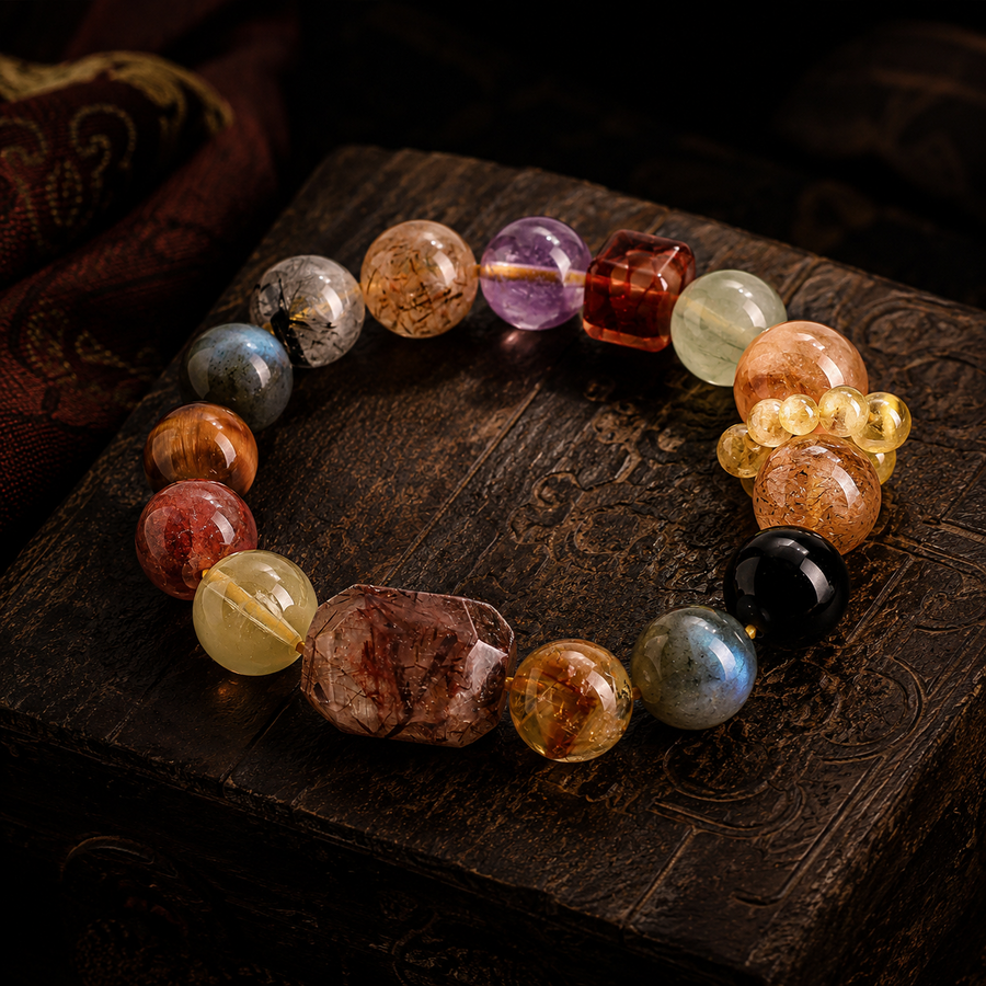 Kailora Abundance Mosaic natural crystal bracelet on carved dark wood detail view 2 | Kailora