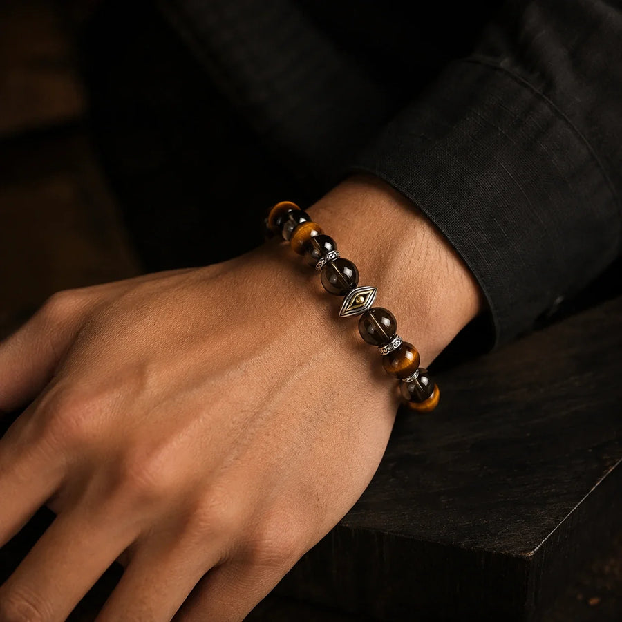 Eye of Insight Tiger’s Eye and Smoky Quartz bracelet worn on wrist detail view 6 | Kailora