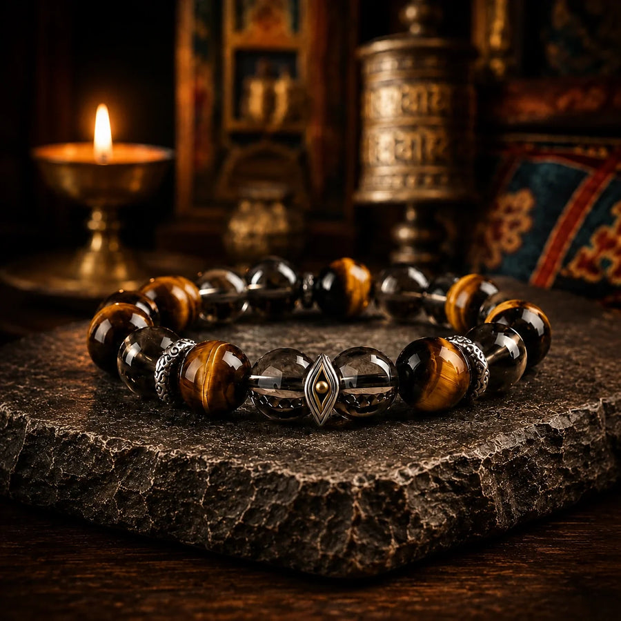 Eye of Insight Tiger’s Eye bracelet in a warm Tibetan-inspired interior setting detail view 5 | Kailora