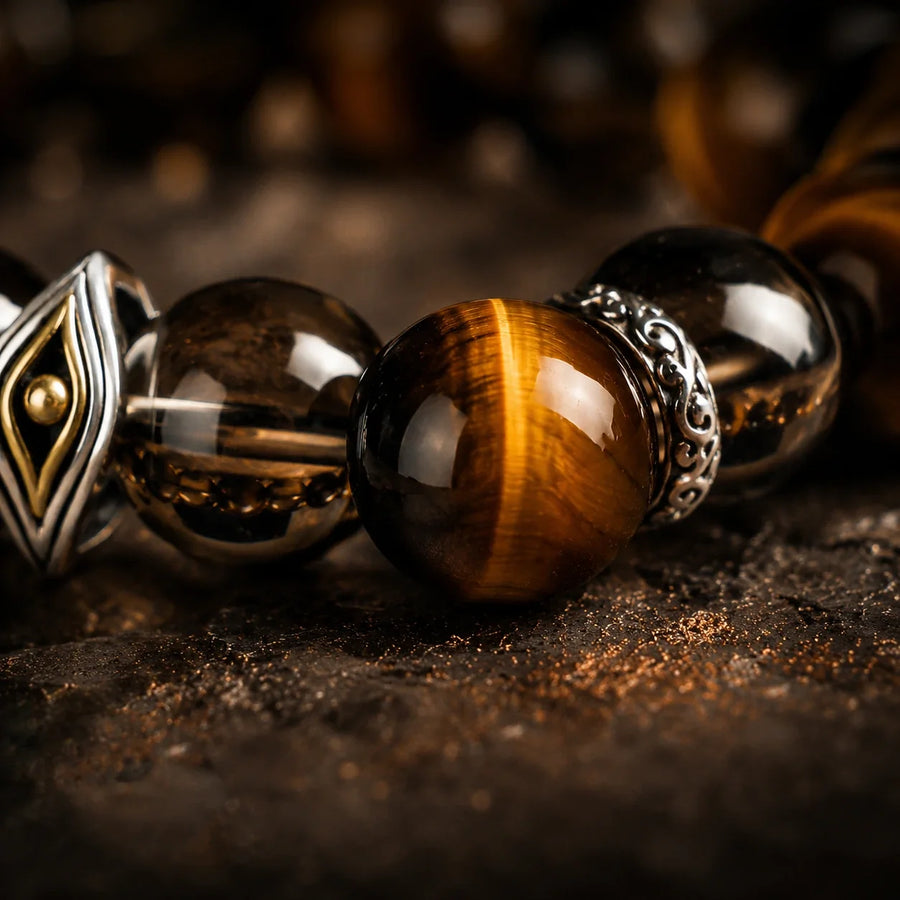 Tiger’s Eye bead and Eye of Insight metal detail macro detail view 3 | Kailora