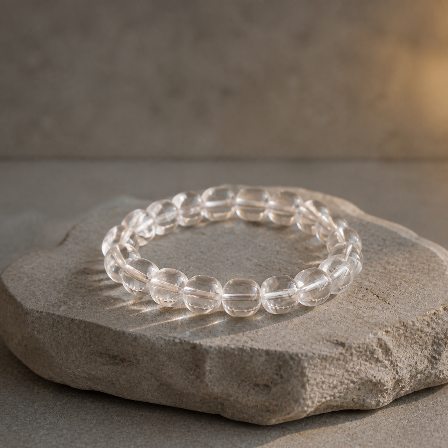 Kailora Himalayan Clarity clear quartz bracelet on natural stone in warm light detail view 9 | Kailora