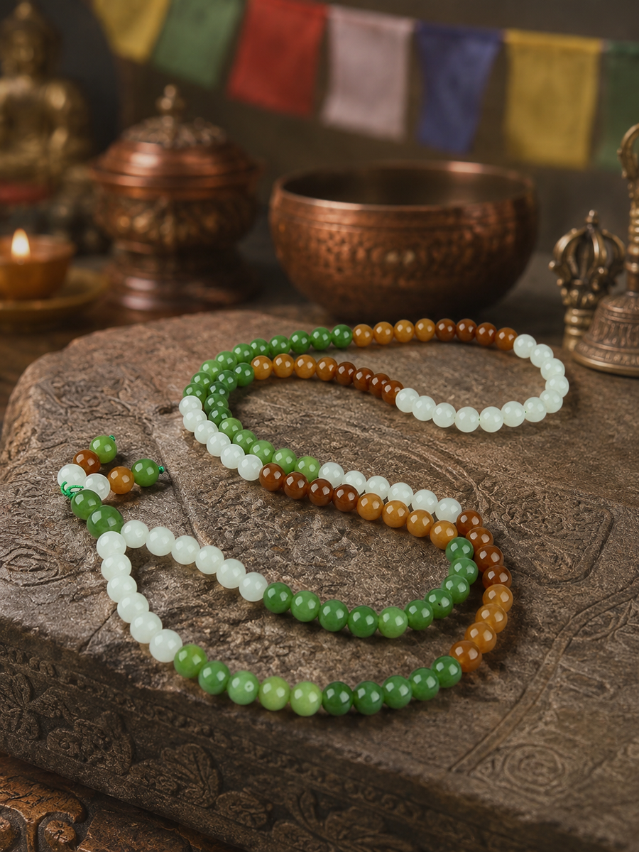 Close-up of jade beads on Kailora 108-bead mala necklace detail view 2 | Kailora