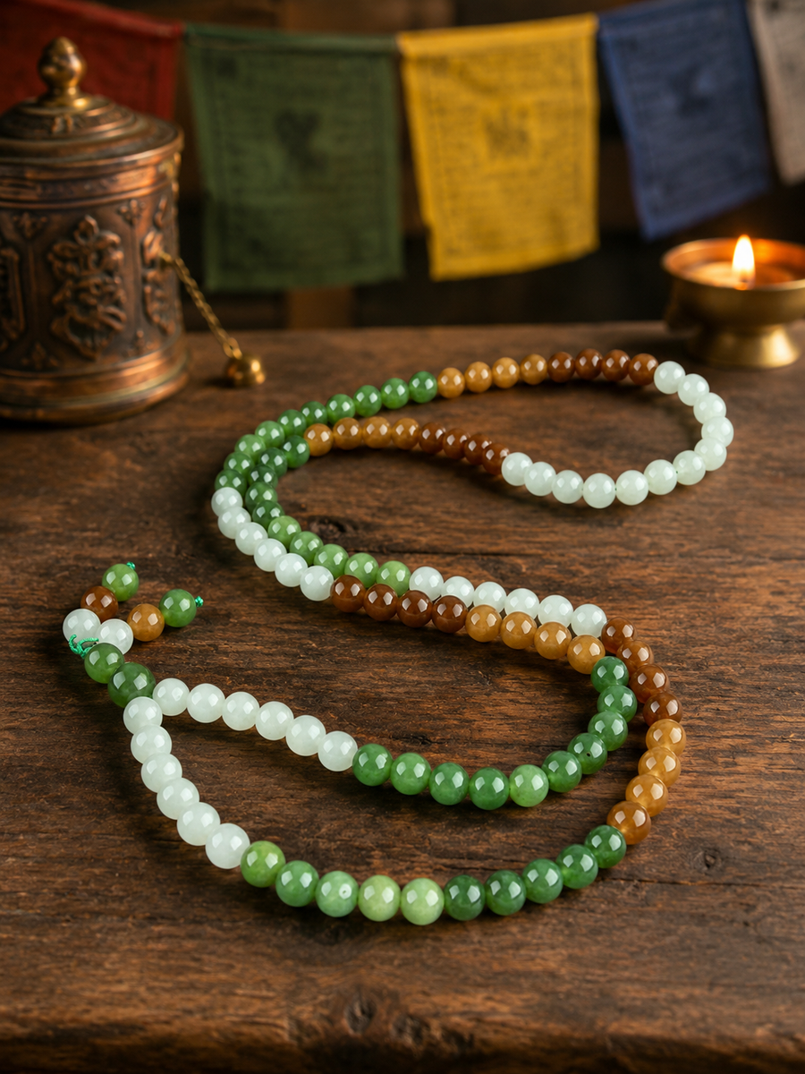 Kailora 108 jade mala worn as a long necklace for inner peace intention detail view 3 | Kailora