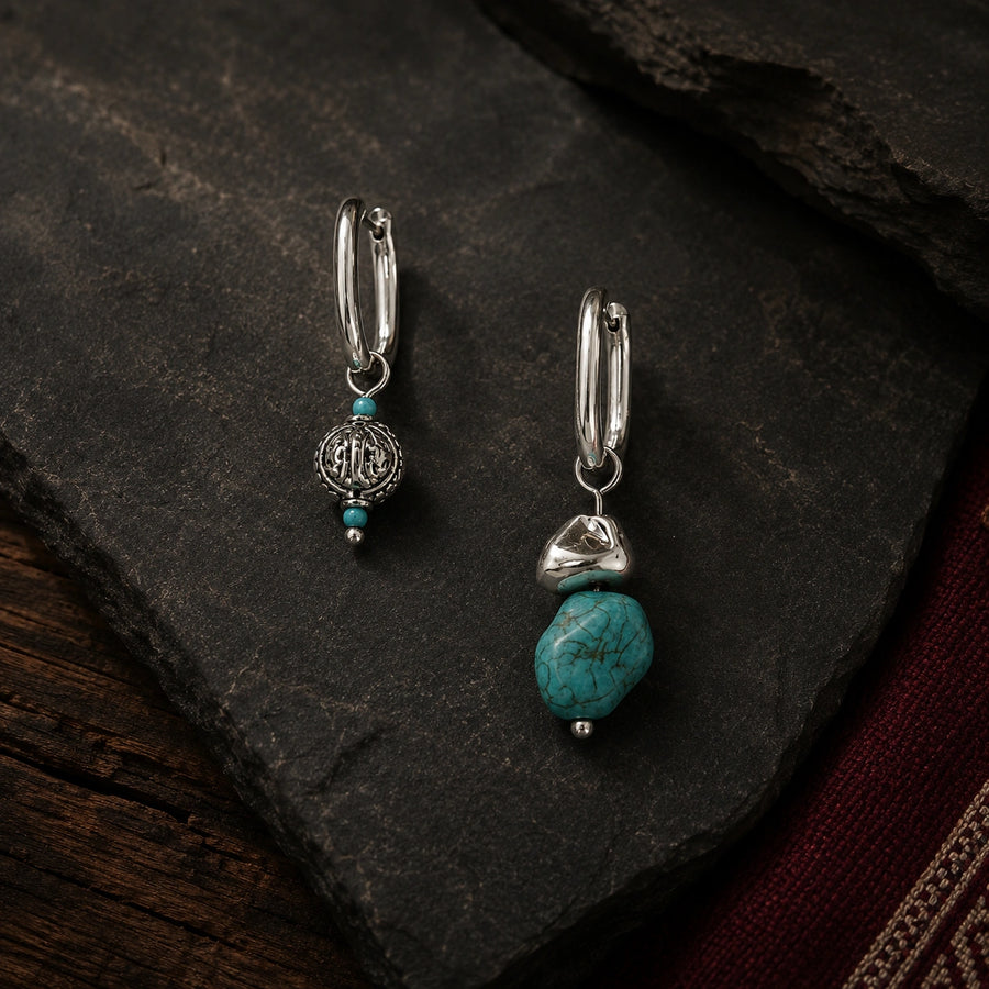 Kailora asymmetric turquoise designer earrings inspired by balance and Tibetan design detail view 5 | Kailora