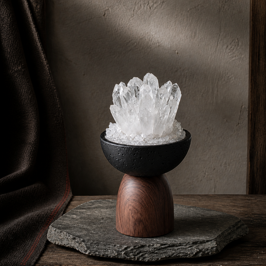 Clear Kailora Ritual Stone with natural Himalayan Tibetan crystal cluster detail view 6 | Kailora