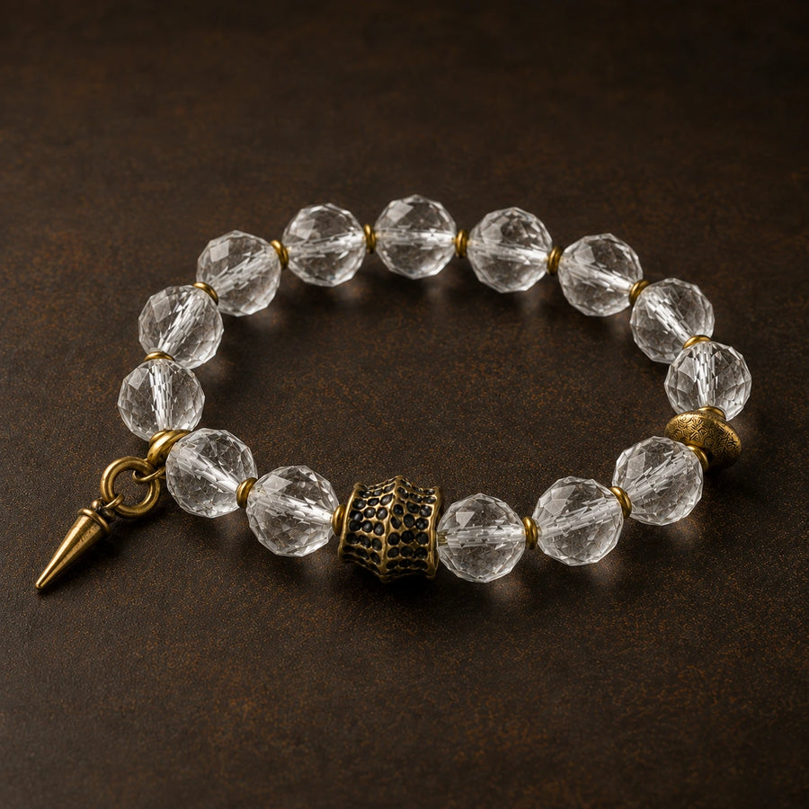 Faceted clear quartz bracelet with antique brass details detail view 2 | Kailora