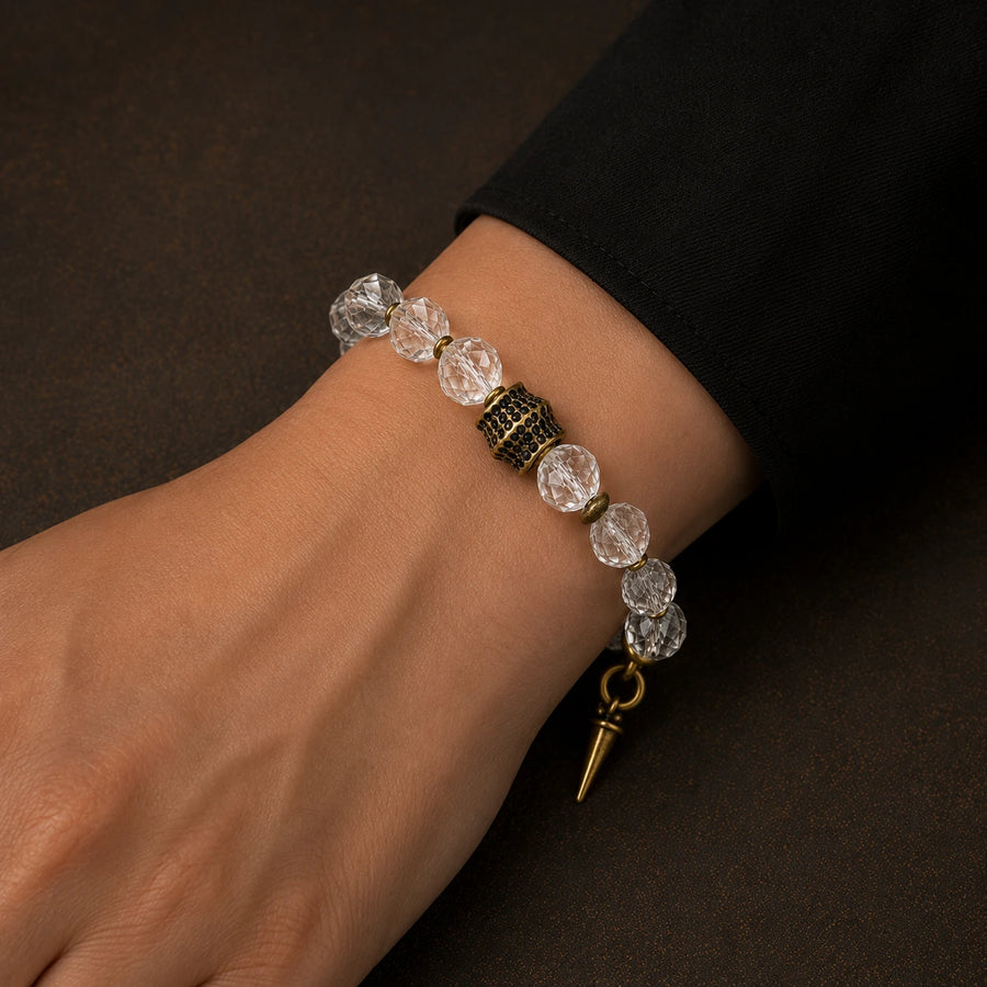 Clear quartz and brass bracelet worn on wrist detail view 4 | Kailora
