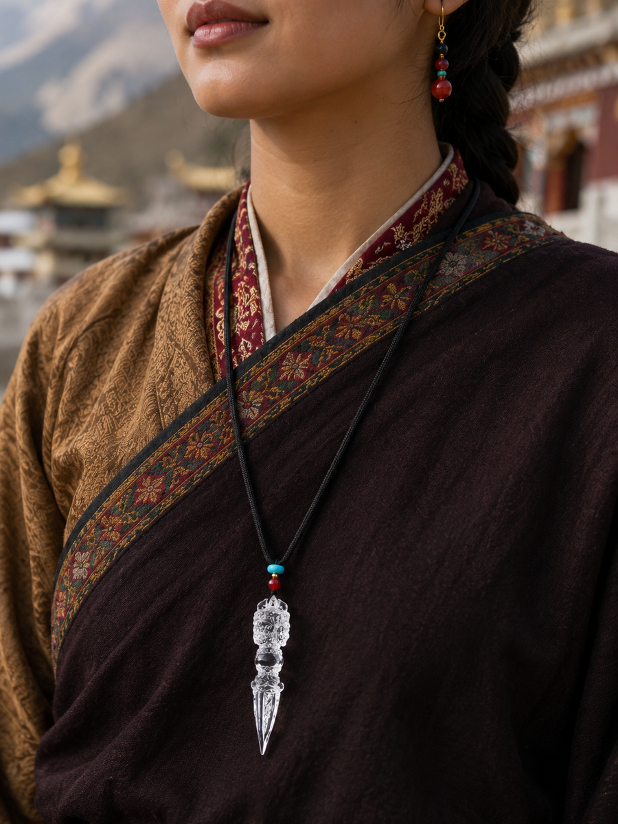 Close-up of natural clear quartz Phurba-inspired pendant on Kailora necklace detail view 2 | Kailora