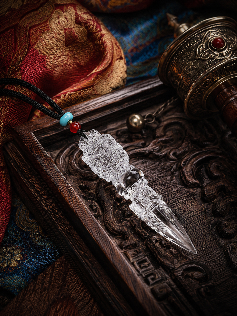 Kailora clear quartz Phurba-inspired necklace worn for grounding symbolism detail view 3 | Kailora