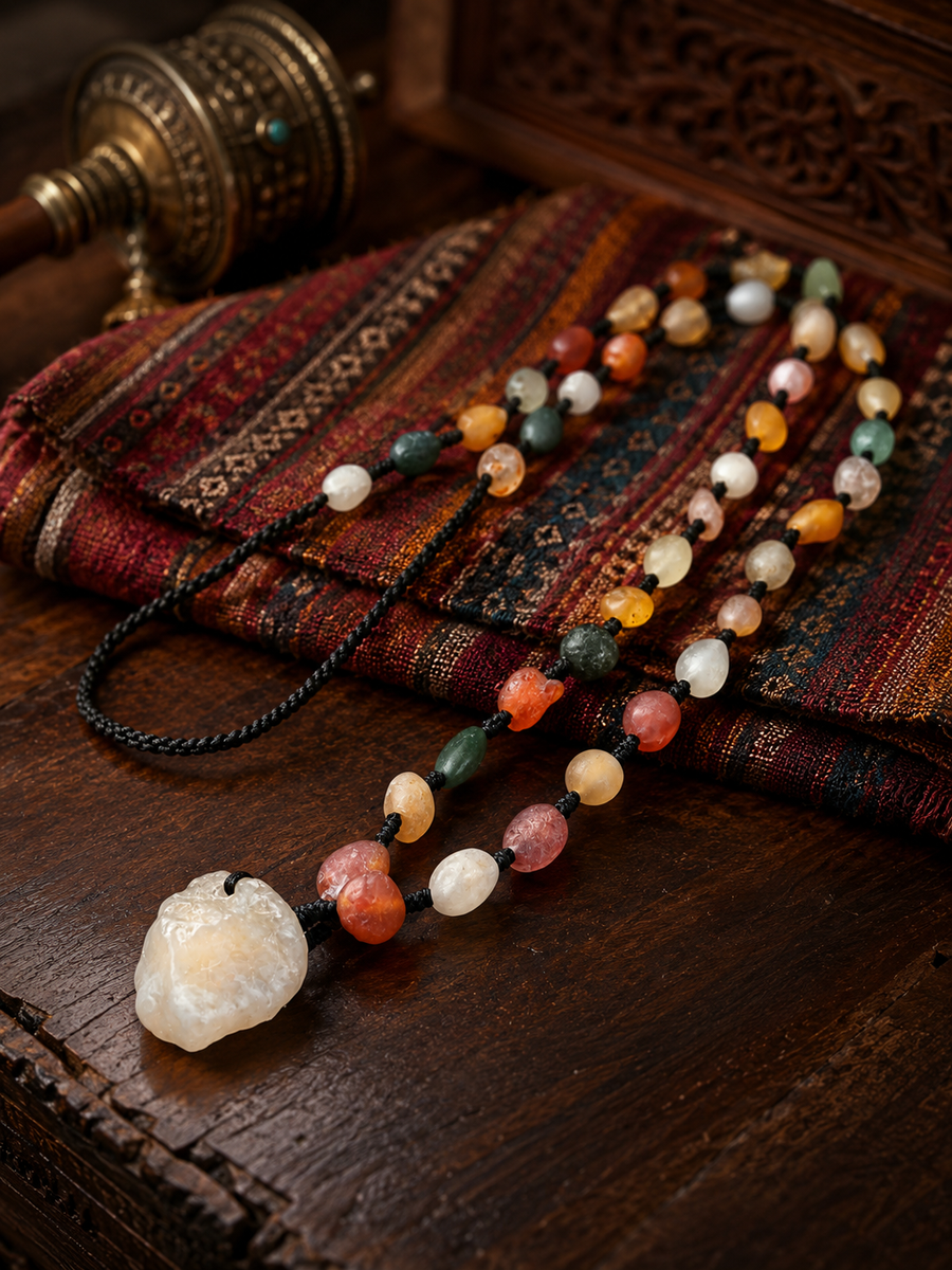 Handcrafted cord and bead details on Colorful Agate Necklace detail view 4 | Kailora