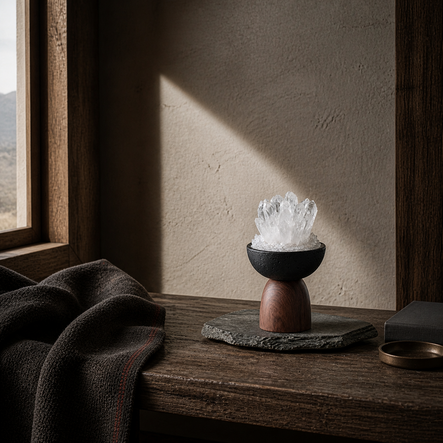 Kailora Himalayan crystal ritual object styled in a quiet modern interior detail view 4 | Kailora