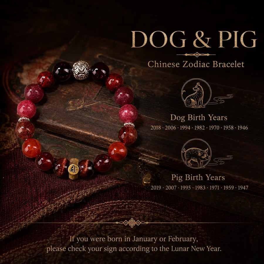Dog and Pig Chinese zodiac bracelet birth years guide detail view 2 | Kailora