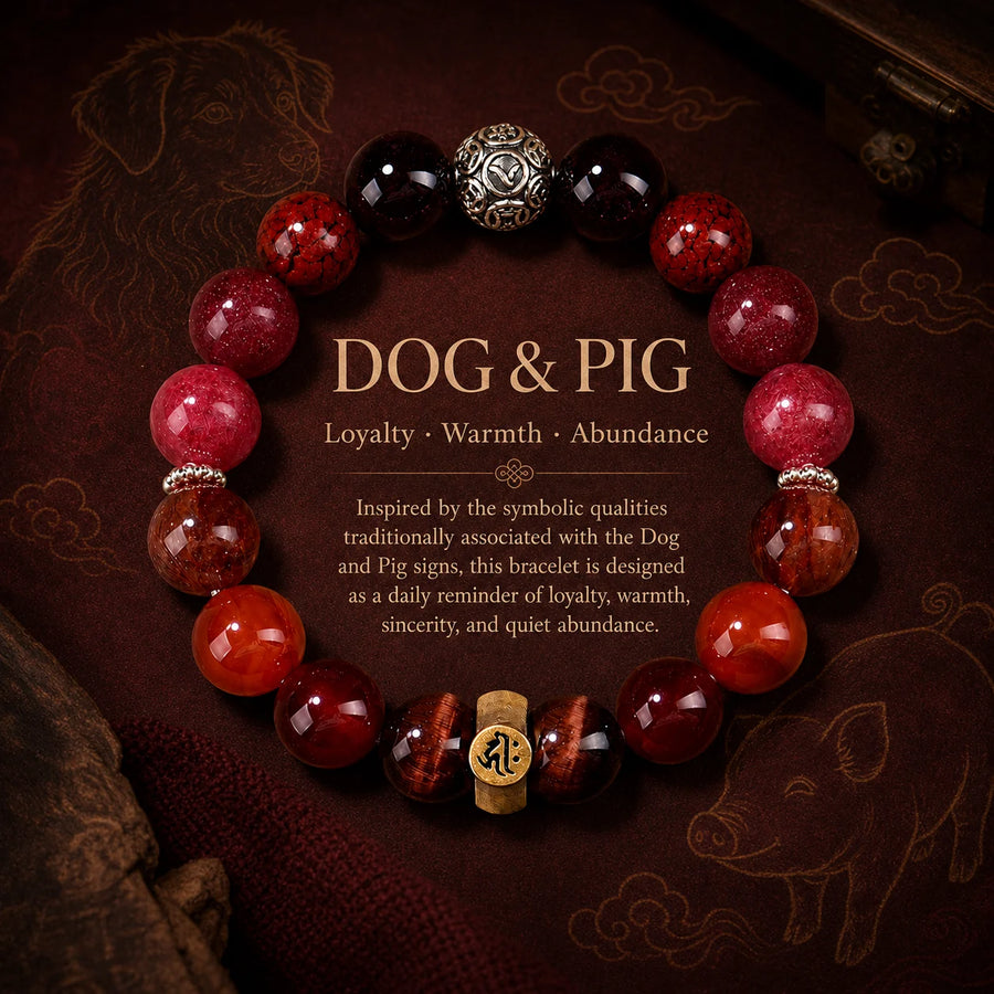 Dog and Pig zodiac bracelet meaning of loyalty warmth and abundance detail view 3 | Kailora